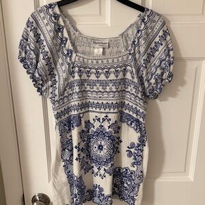 NorthStyle Women's Boho Peasant Babydoll Smocked Top Blue/White Size small